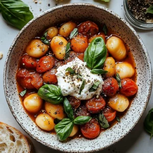 Creamy tomato gnocchi topped with burrata cheese in a bowl