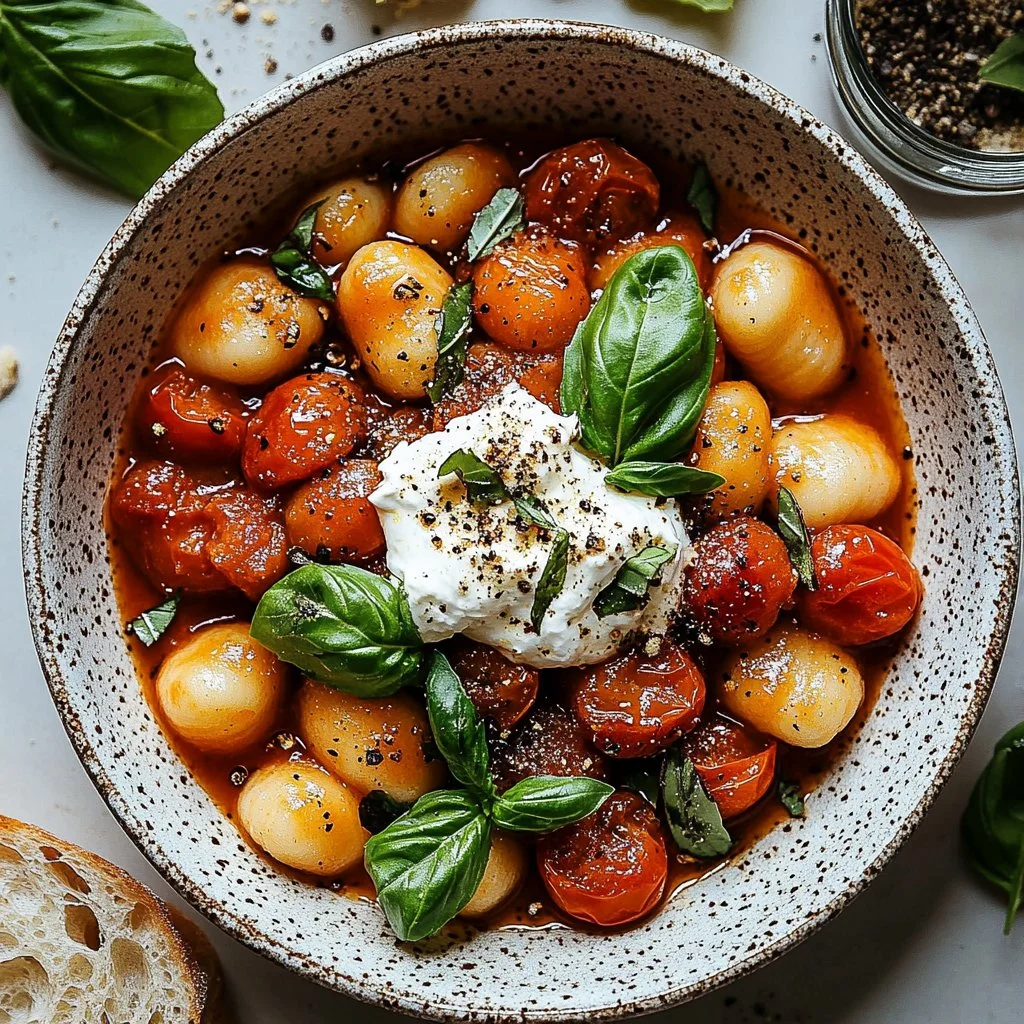 Creamy tomato gnocchi topped with burrata cheese in a bowl
