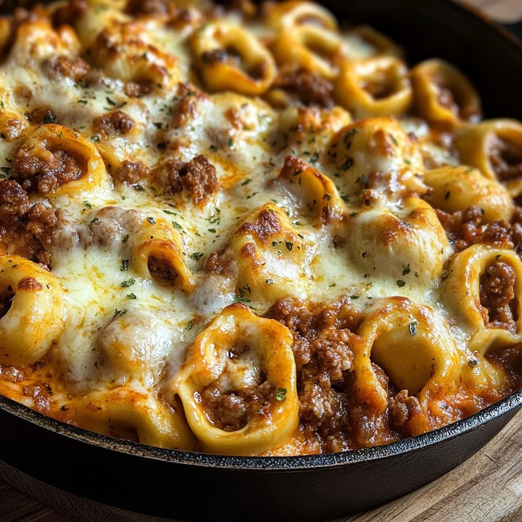 Creamy tortellini pasta bake served in a casserole dish