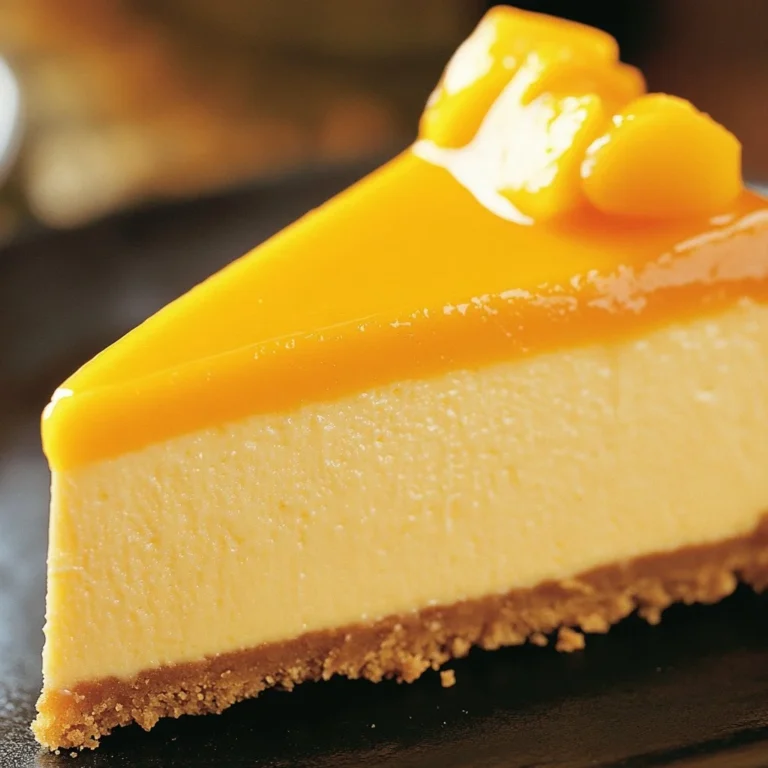 Creamy tropical mango cheesecake topped with fresh mango slices and mint.