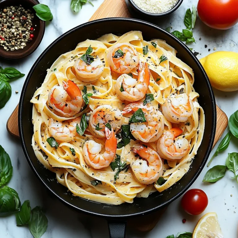Creamy Tuscan shrimp fettuccine with herbs and spices in a bowl