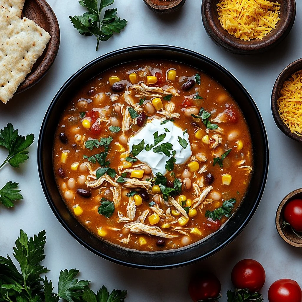 Bowl of creamy white bean chicken chili with toppings