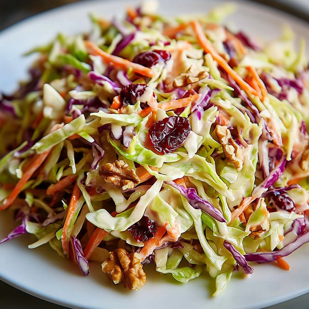 A bowl of crisp Apple Cranberry Coleslaw with fresh apples and cranberries.