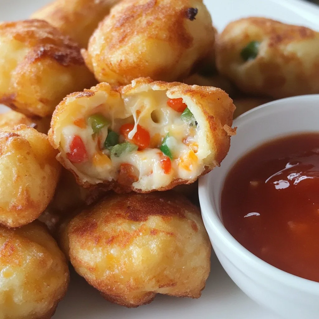 Delicious crispy fried pizza bites served with dipping sauce