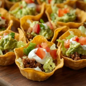 Crispy mini taco bites served on a platter with toppings.