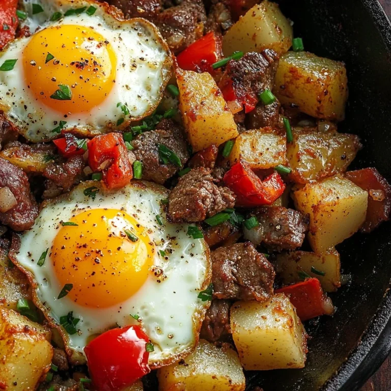 Delicious crispy steak and potato hash served in a skillet