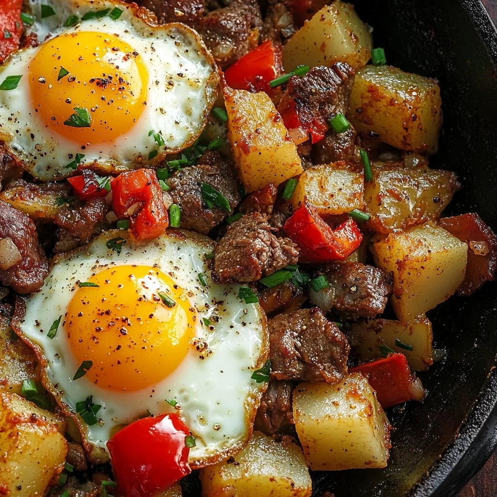 Delicious crispy steak and potato hash served in a skillet