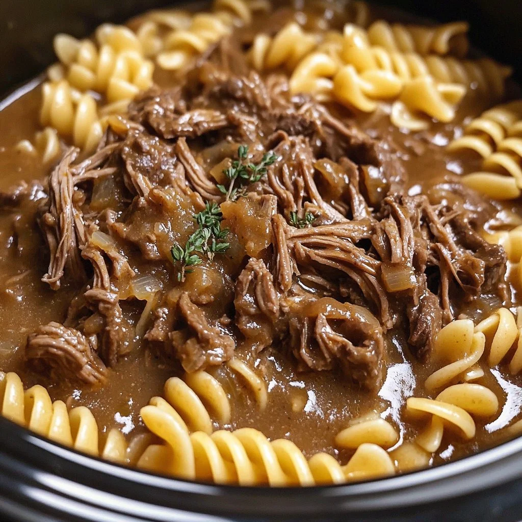Delicious crockpot beef and noodles dish served in a bowl