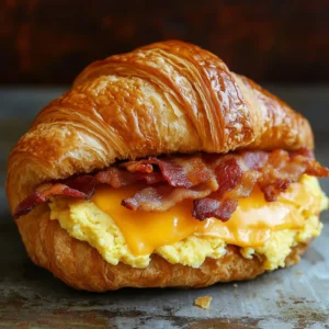 Delicious croissant breakfast sandwiches with eggs and cheese on a serving plate.