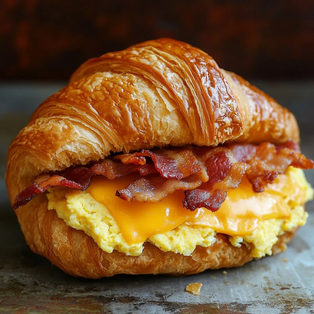 Delicious croissant breakfast sandwiches with eggs and cheese on a serving plate.