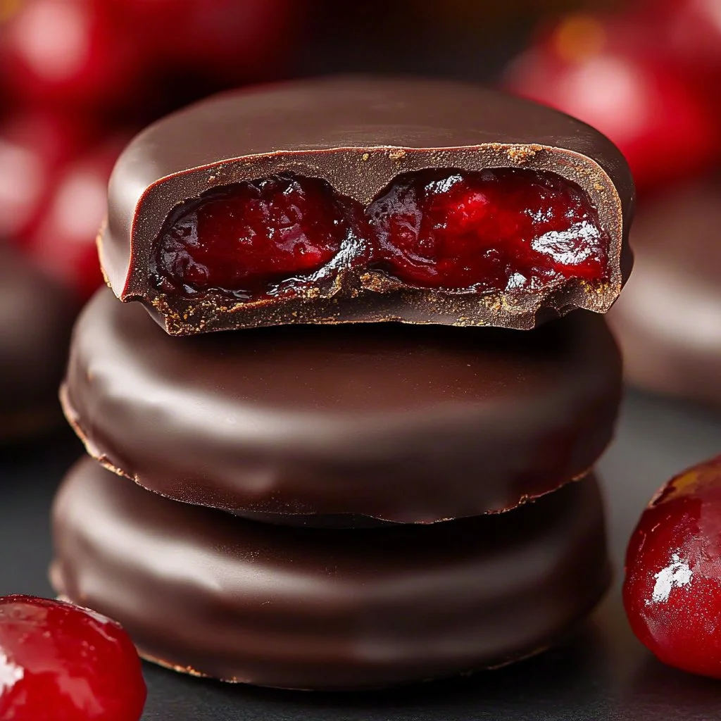 Delicious Dark Chocolate Cranberry Sauce Bites displayed on a festive plate.