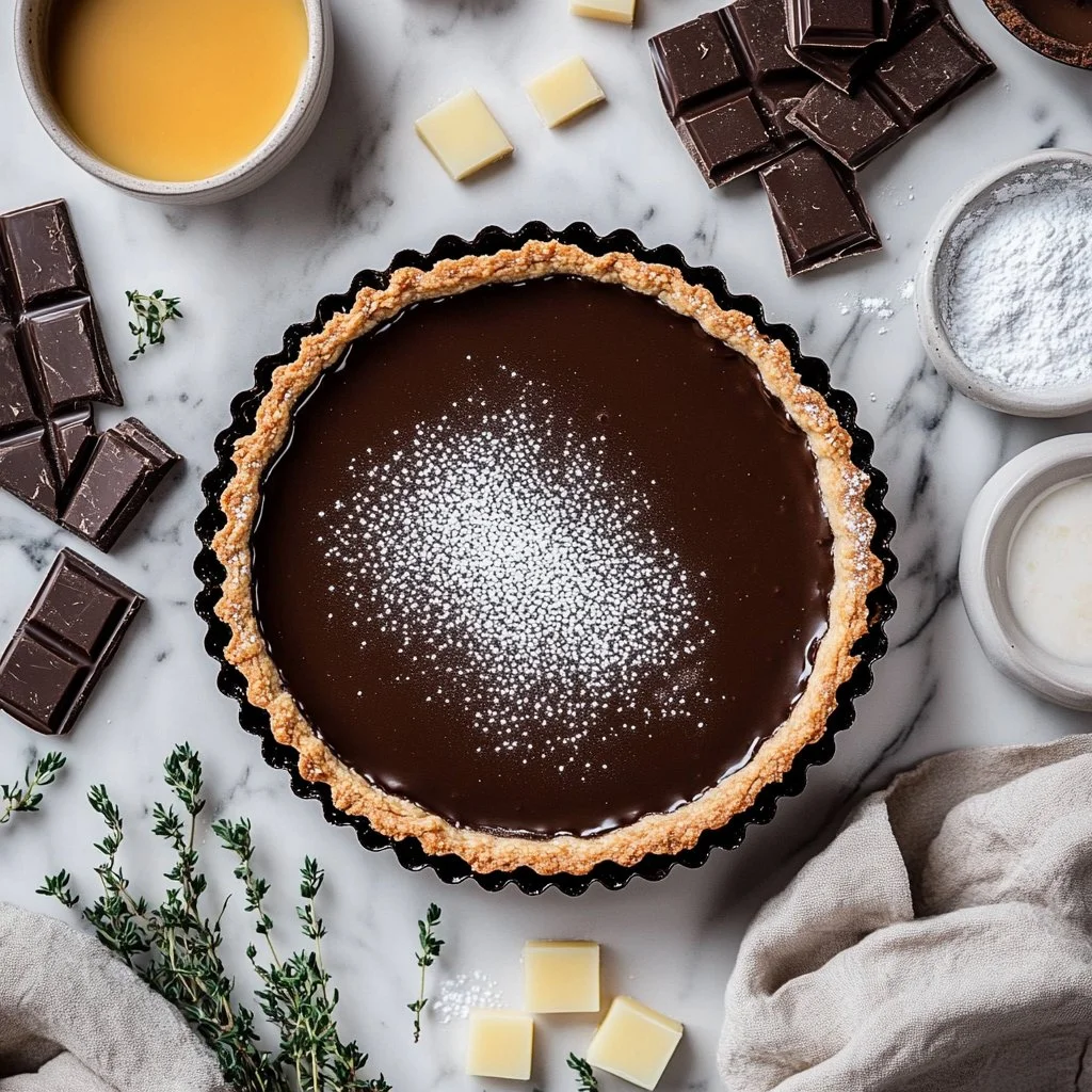 Decadent chocolate tart with salted caramel drizzle on a rustic wooden table
