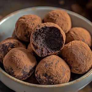 Decadent dark chocolate truffles arranged elegantly on a plate.