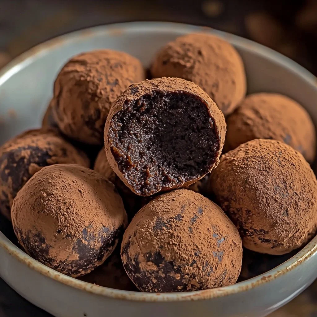 Decadent dark chocolate truffles arranged elegantly on a plate.