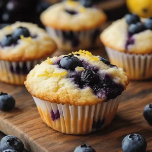 Freshly baked delicious blueberry jam muffins on a rustic table