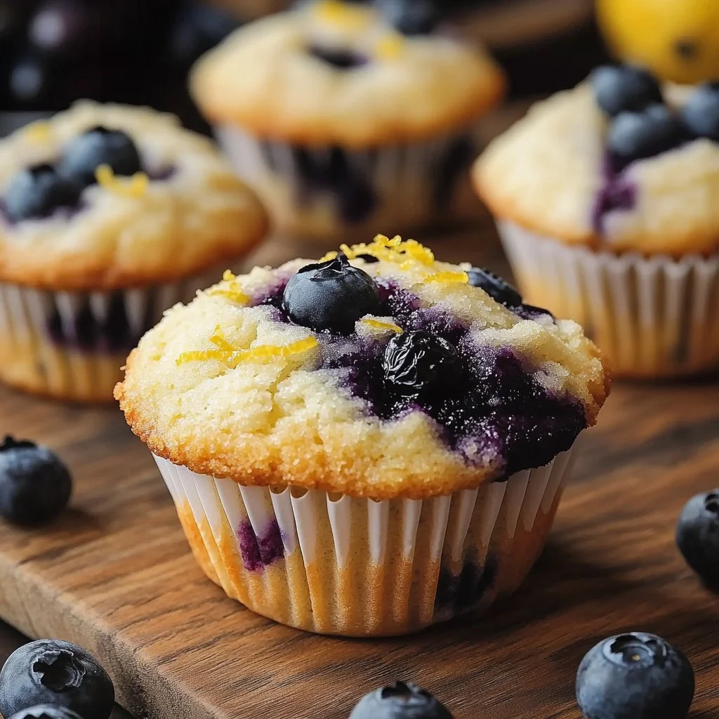 Freshly baked delicious blueberry jam muffins on a rustic table