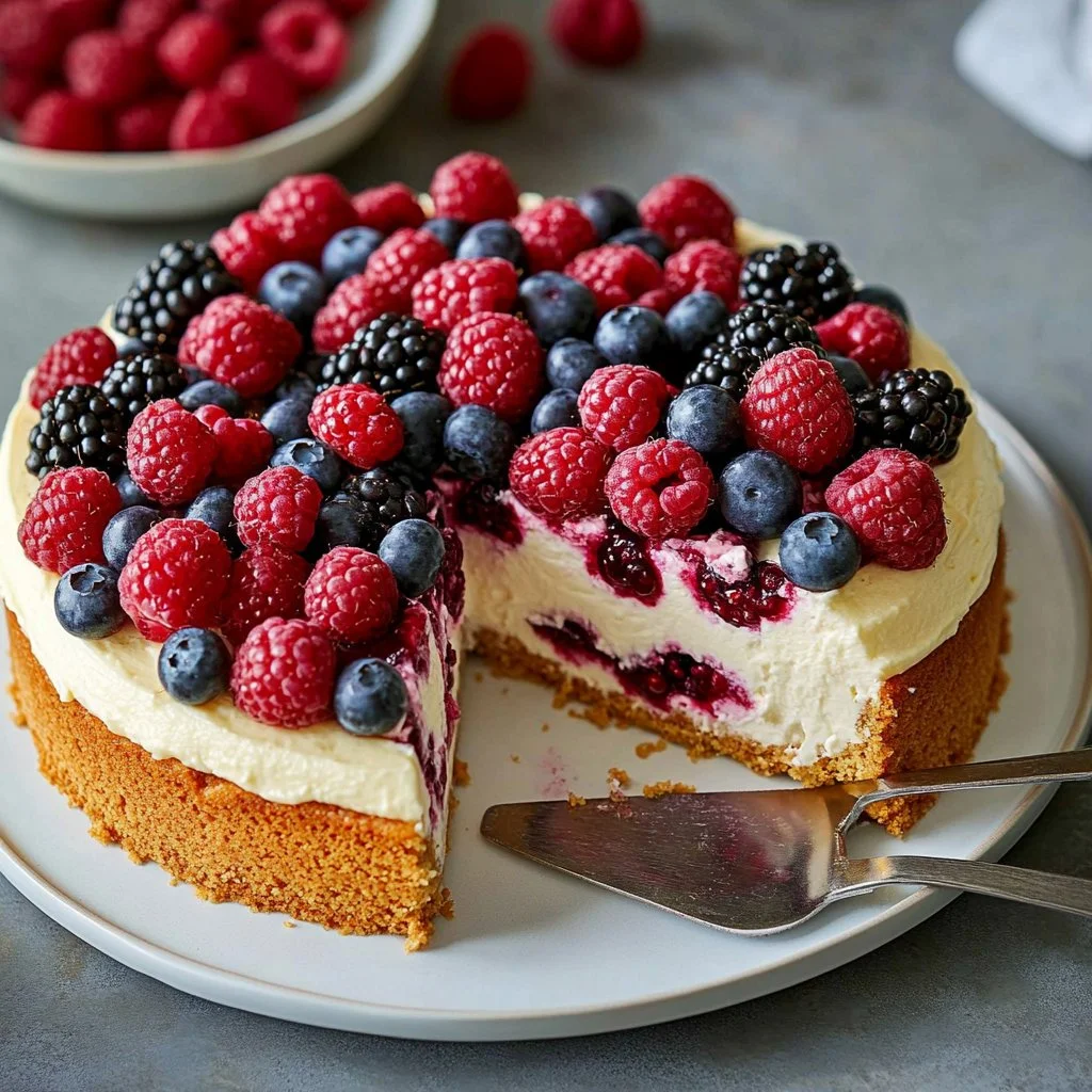 Delightful Summer Berry Cake with fresh berries and whipped cream topping