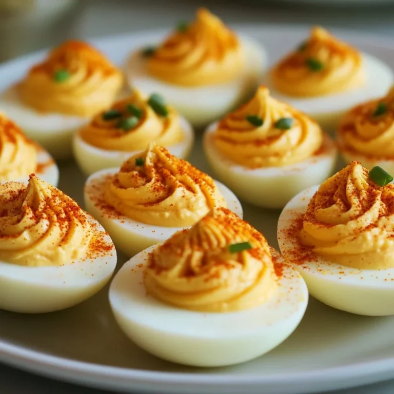 Plate of delicious Deviled Eggs garnished with paprika and herbs.