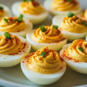 Deliciously plated deviled eggs topped with paprika and herbs.