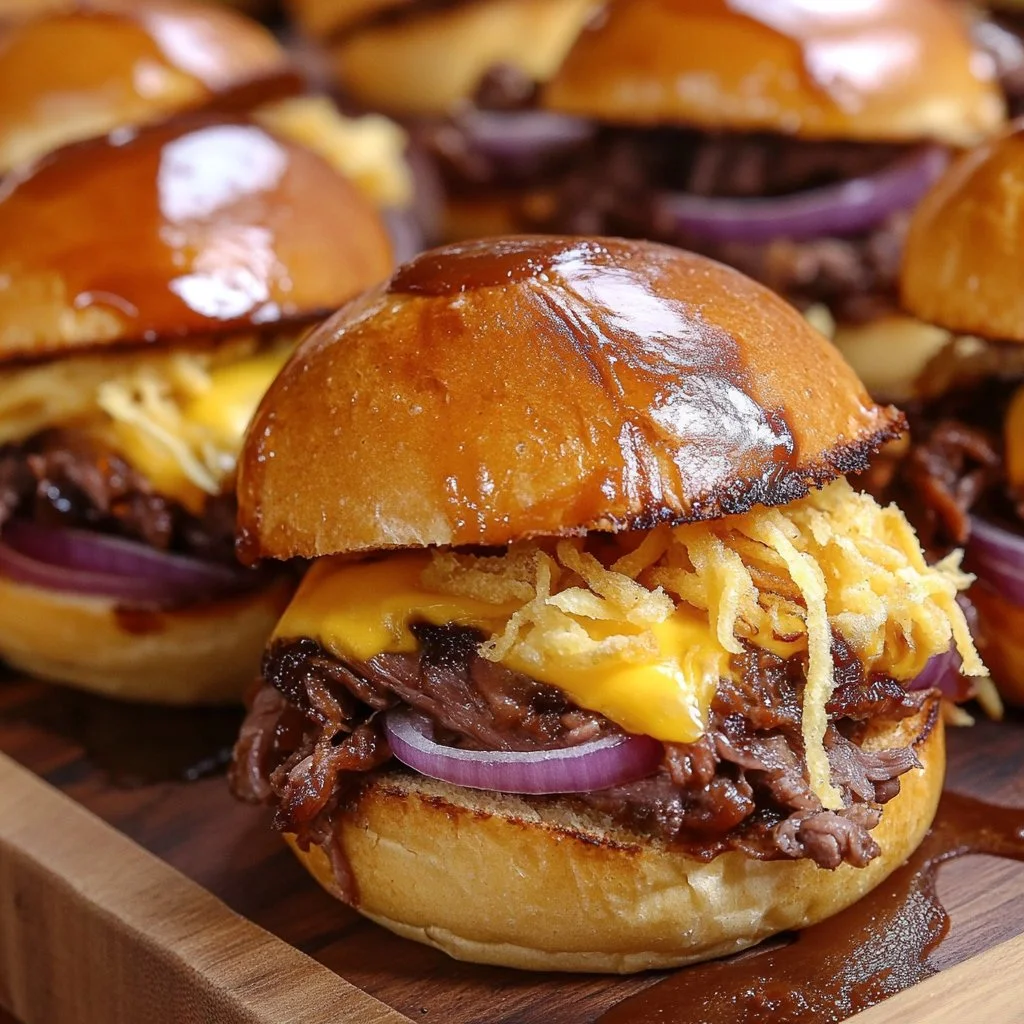 Dr Pepper BBQ Beef Sliders served on a platter with toppings