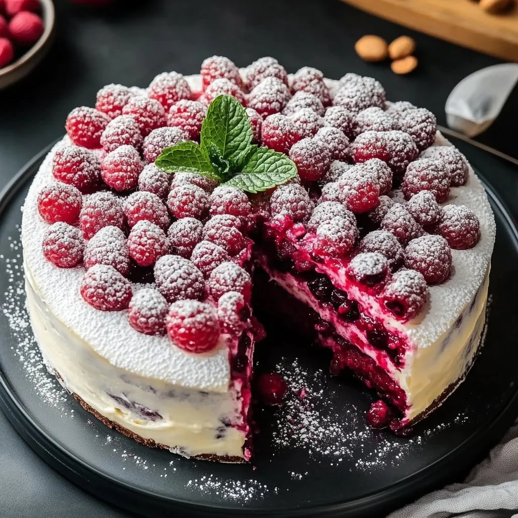 Slice of dreamy white chocolate raspberry cake with fresh raspberries on top