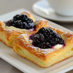 Homemade easy blueberry danish pastry with fresh blueberries and flaky dough.