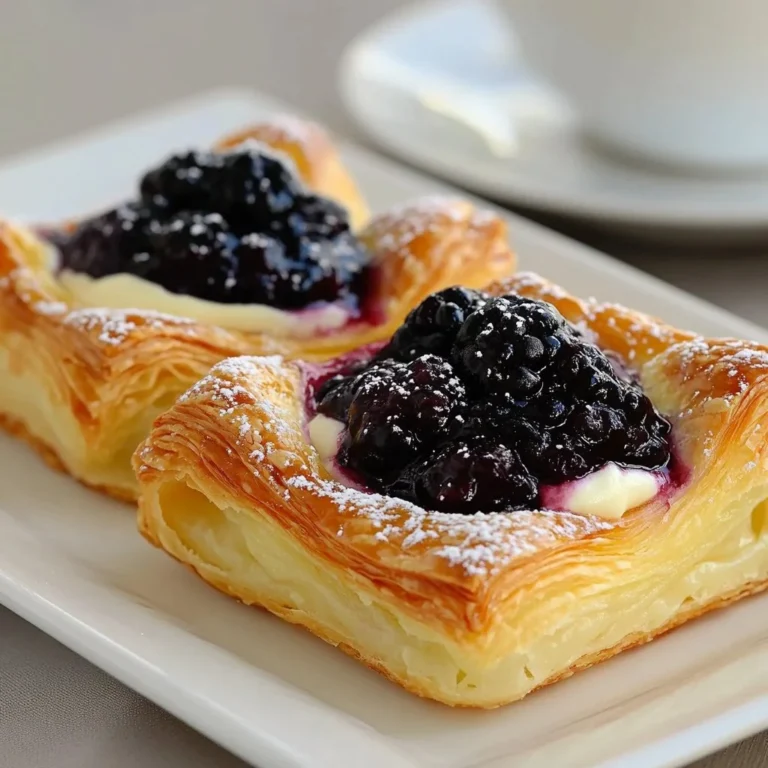 Homemade easy blueberry danish pastry with fresh blueberries and flaky dough.