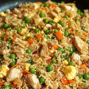 Plate of easy chicken fried rice topped with vegetables and an egg