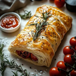 Delicious homemade stromboli with cheese and pepperoni on a wooden board