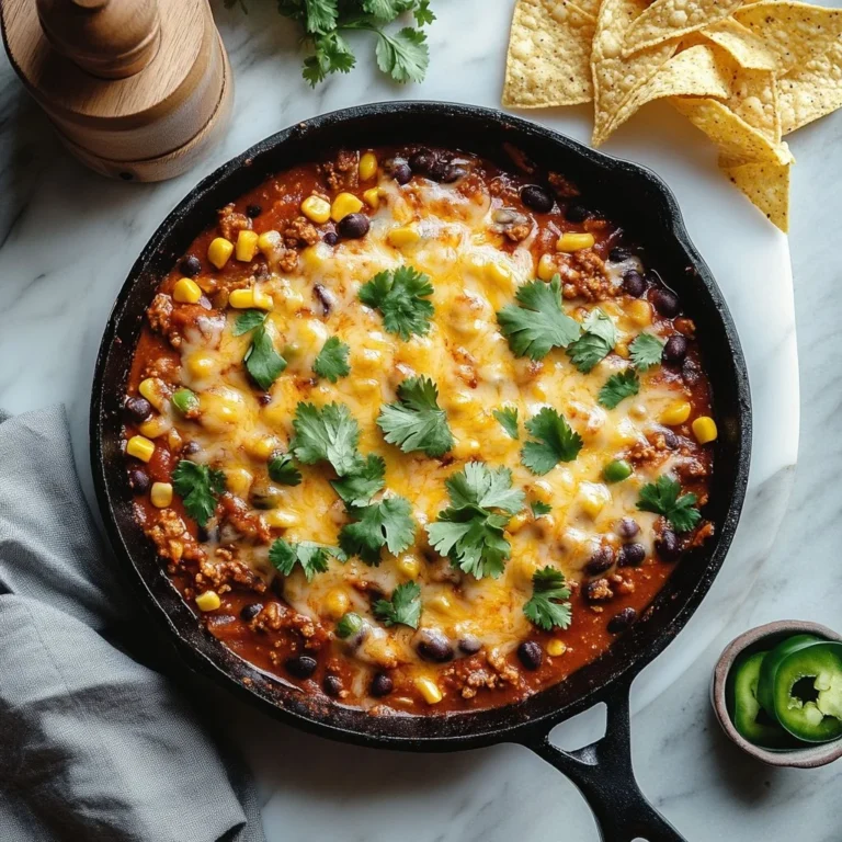 Delicious enchilada skillet with cheese, beans, and toppings in a frying pan