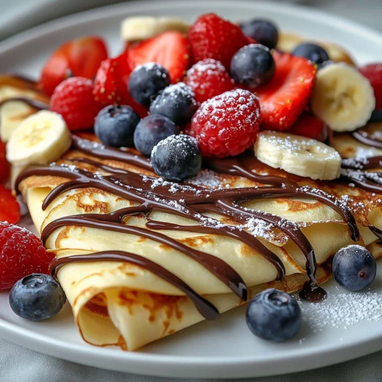 Delicious fast blender crepes served on a plate with berries and syrup