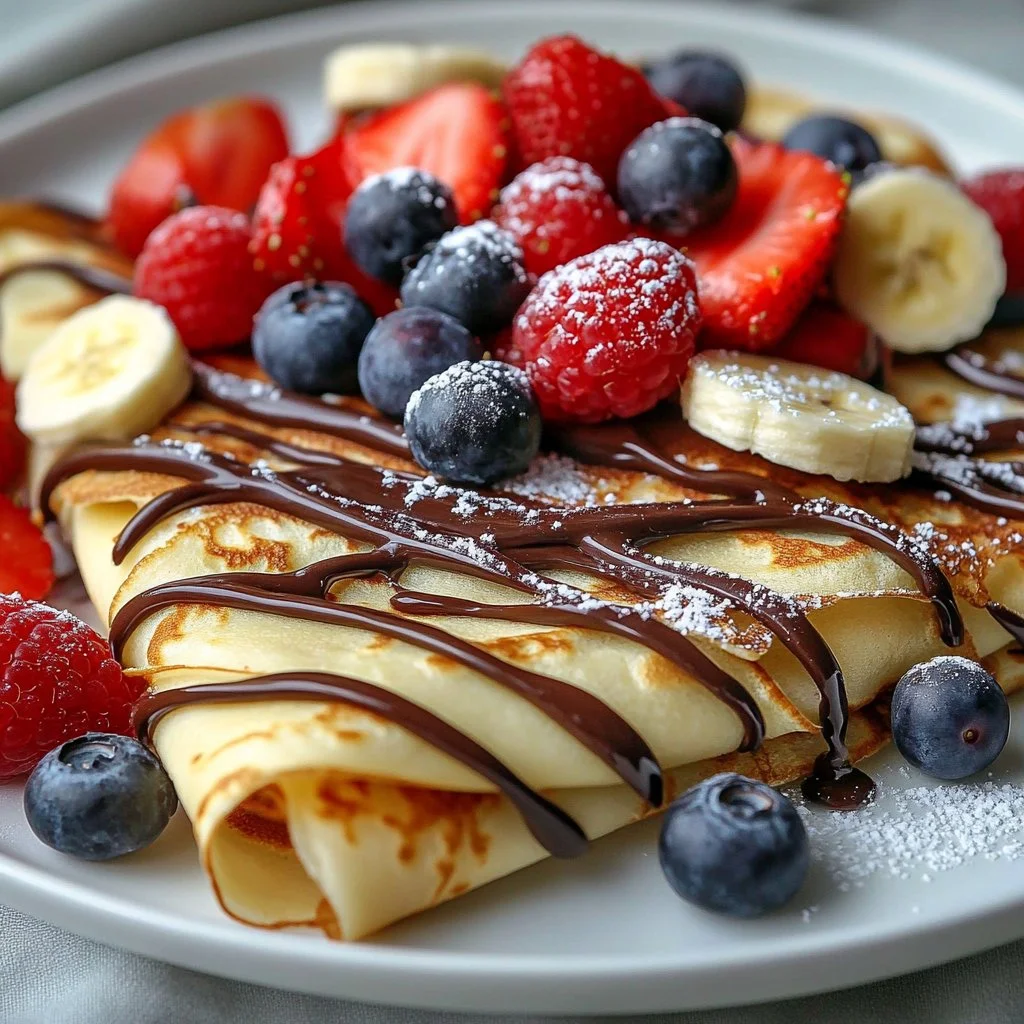 Delicious fast blender crepes served on a plate with berries and syrup