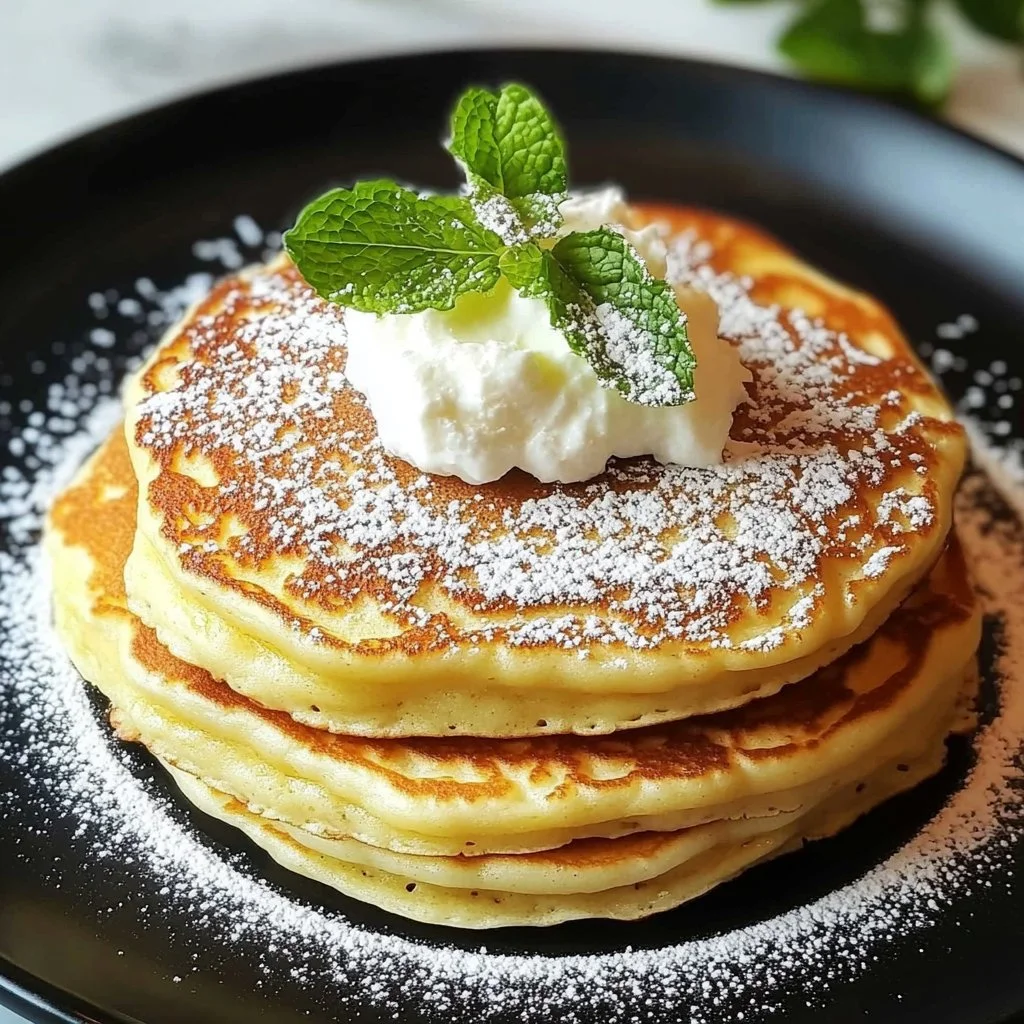 Fluffy cottage cheese pancakes stacked with syrup and berries