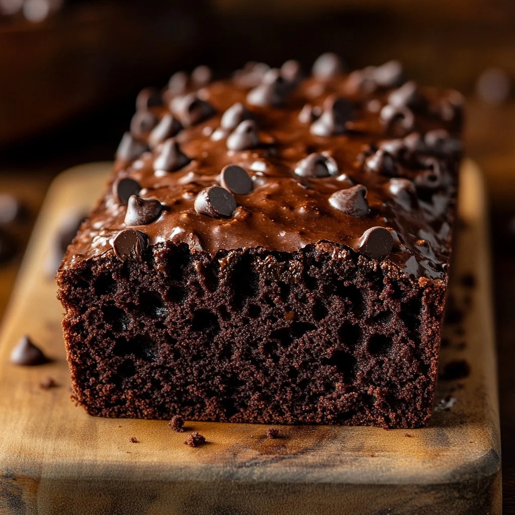 Fudge brownie bread slice with chocolate drizzle and walnuts on a wooden table