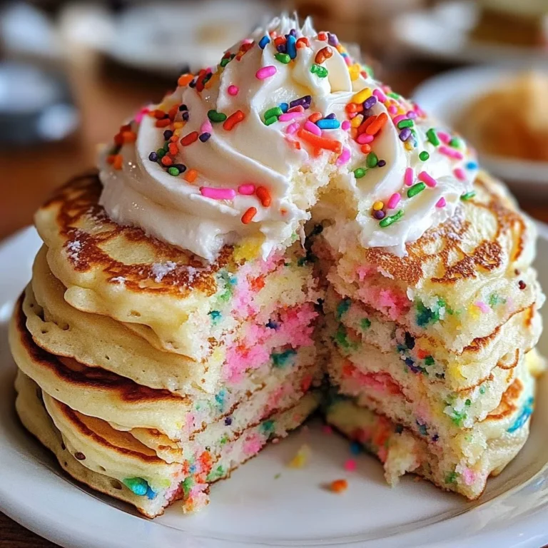 Stack of colorful Funfetti Pancakes topped with whipped cream and sprinkles.