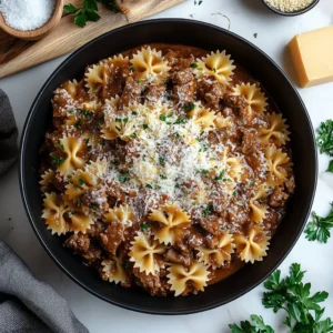 Bowtie pasta with garlic butter and cheesy beef sauce