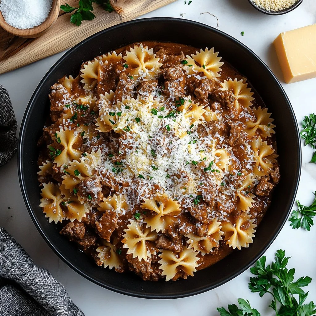 Bowtie pasta with garlic butter and cheesy beef sauce