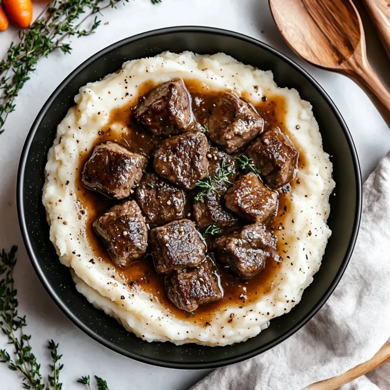 Delicious Garlic Butter Steak Bites served with creamy mashed potatoes