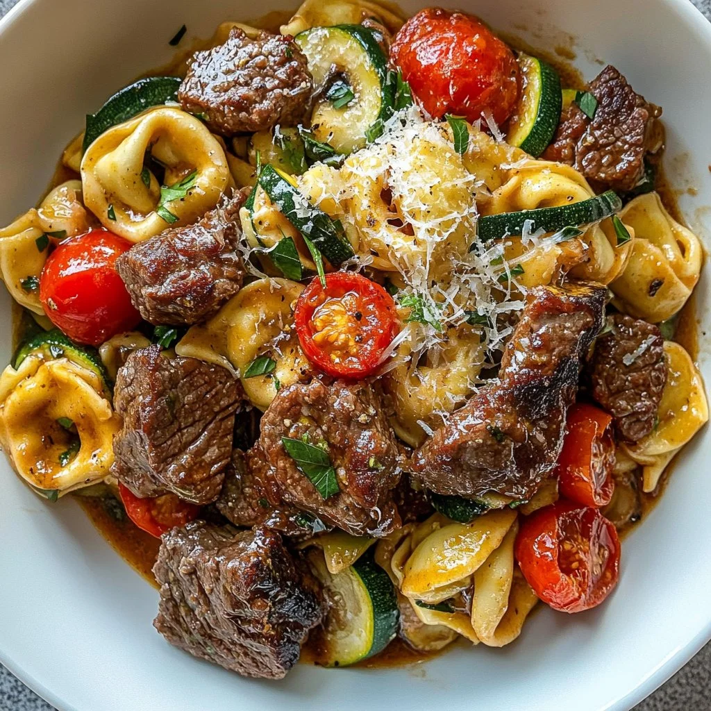 Garlic-Parmesan steak tortellini dish garnished with herbs