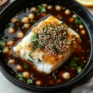 Ginger-glazed soy cod fillet served with vegetables on a plate