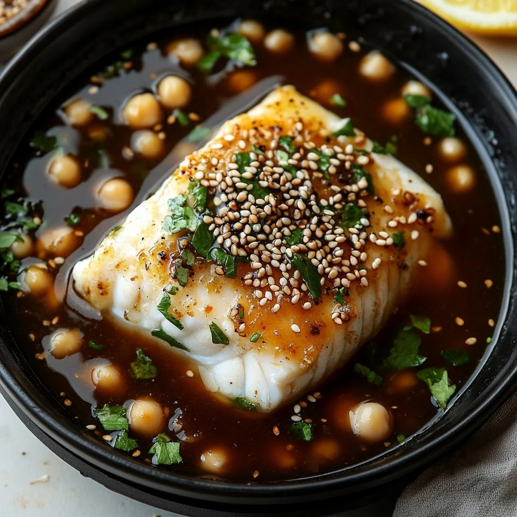 Ginger-glazed soy cod fillet served with vegetables on a plate