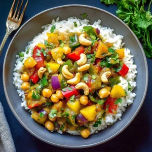 Bowl of gluten-free vegan Thai yellow curry with fresh vegetables