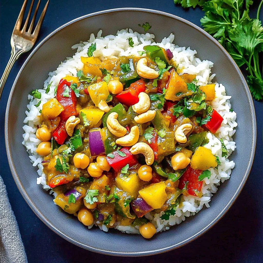 Bowl of gluten-free vegan Thai yellow curry with fresh vegetables