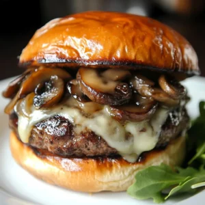 Gourmet Swiss Mushroom Burger with Swiss cheese and sautéed mushrooms on a bun