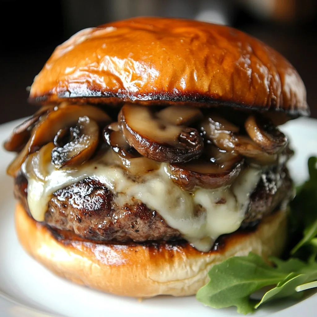 Gourmet Swiss Mushroom Burger with Swiss cheese and sautéed mushrooms on a bun