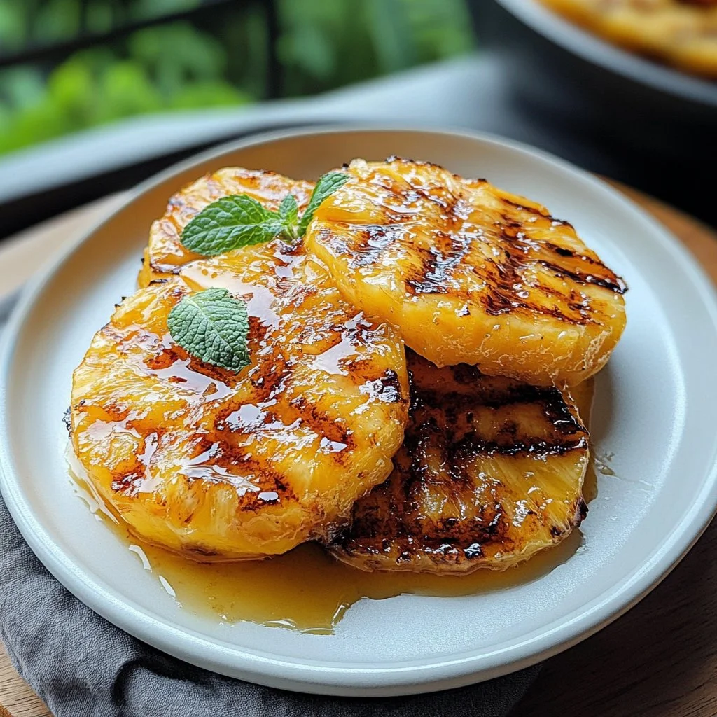 Delicious grilled pineapple slices topped with caramelized sugar on a plate.
