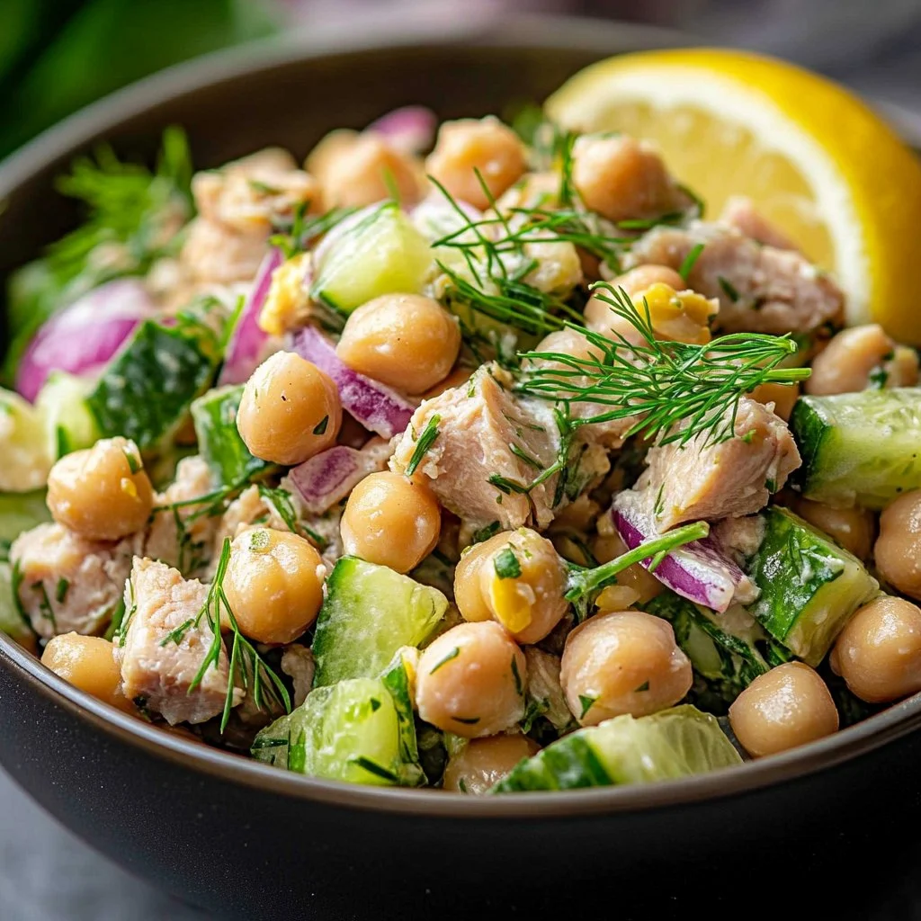Healthy tuna chickpea salad with veggies and dressing in a bowl