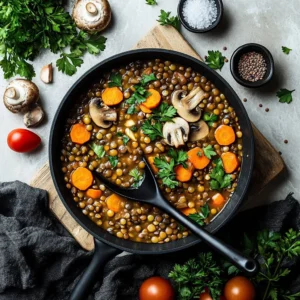 Bowl of hearty vegan lentil mushroom stew with colorful vegetables and herbs