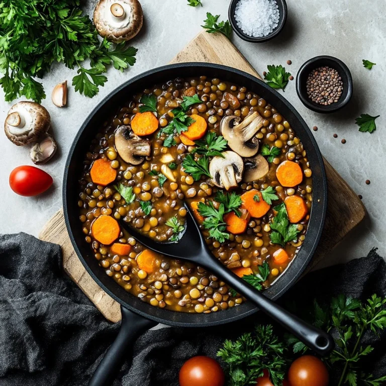 Bowl of hearty vegan lentil mushroom stew with colorful vegetables and herbs