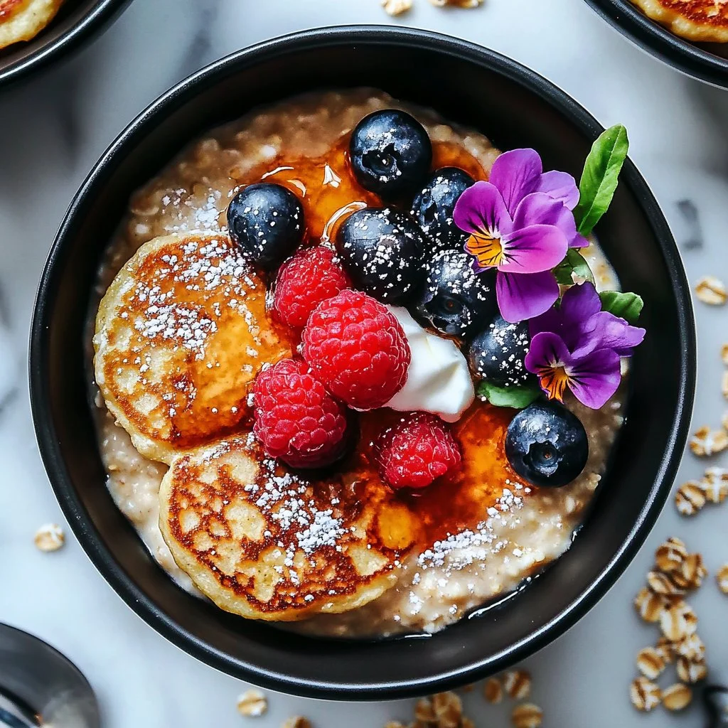 High-protein baked pancake bowls topped with fresh fruits and nuts